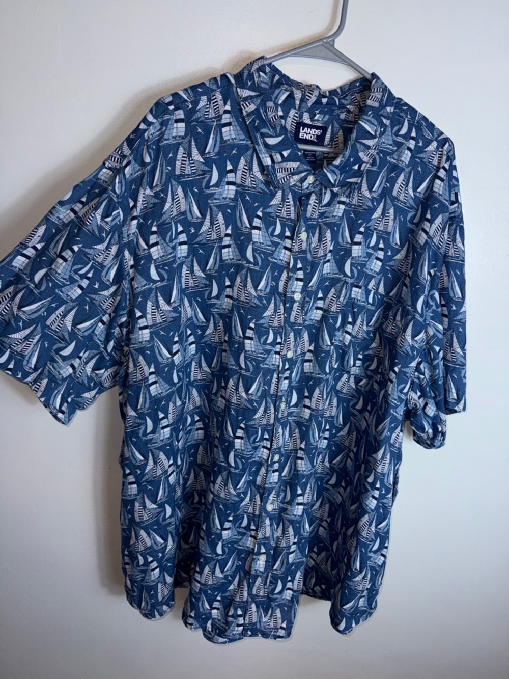 Lands End Mens Casual Button Up Shirt 100% Linen Blue Sailboat Nautical Beach 4X